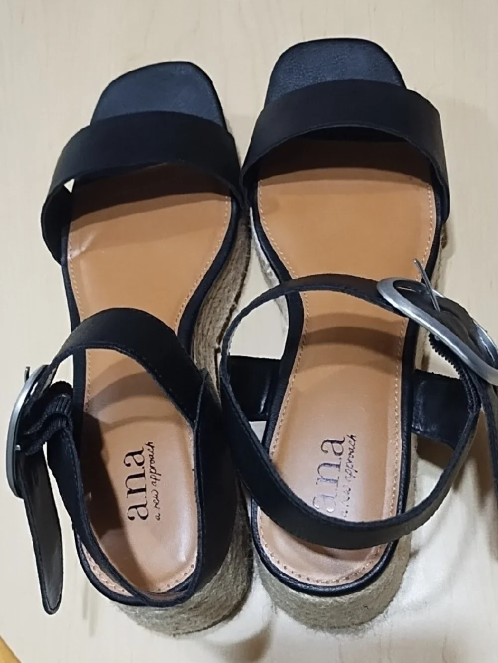 a.n.a Black Strappy Wedge Sandals with Silver Buckle Like New Size 8.5.